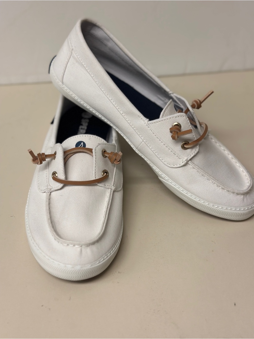 Sperry White Canvas Boat Shoes with Tan Leather Laces - Picture 2 of 3
